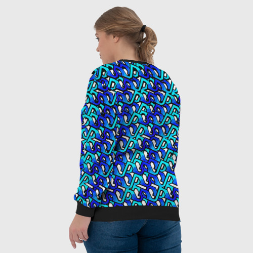 Женский свитшот 3D с принтом Синий узор и чёрная обводка, вид сзади #2