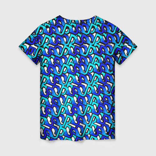 Женская футболка 3D с принтом Синий узор и чёрная обводка, вид сзади #1