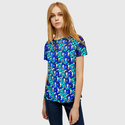 Женская футболка 3D с принтом Синий узор и чёрная обводка, фото на моделе #1