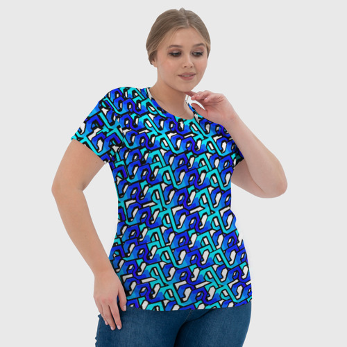 Женская футболка 3D с принтом Синий узор и чёрная обводка, фото #4