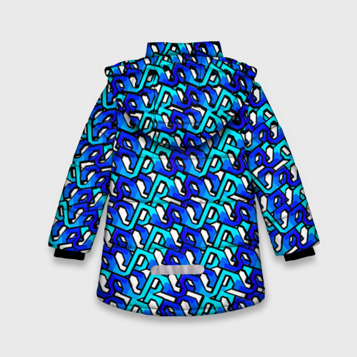 Зимняя куртка для девочек 3D с принтом Синий узор и чёрная обводка, вид сзади #1