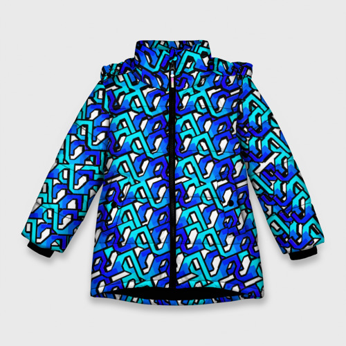 Зимняя куртка для девочек 3D с принтом Синий узор и чёрная обводка, вид спереди #2