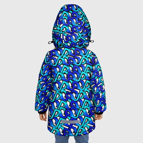 Зимняя куртка для девочек 3D с принтом Синий узор и чёрная обводка, вид сзади #2