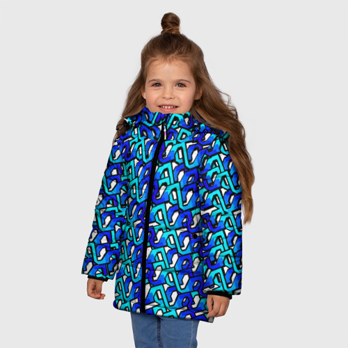 Зимняя куртка для девочек 3D с принтом Синий узор и чёрная обводка, фото на моделе #1