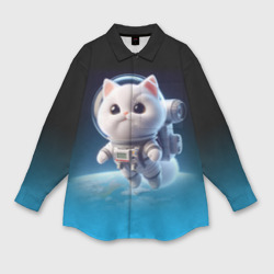 Мужская рубашка oversize 3D Милый белый котёнок космонавт