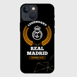 Чехол для iPhone 13 mini Лого Real Madrid и надпись legendary football club на темном фоне