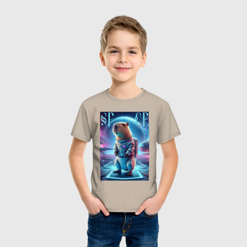 Детская футболка хлопок Космонавт Каппи в скафандре - нейросеть, цвет миндальный - фото 3