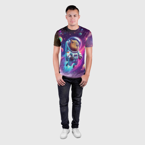 Мужская футболка 3D Slim Космонавт капибара в неоновом космосе, цвет 3D печать - фото 4