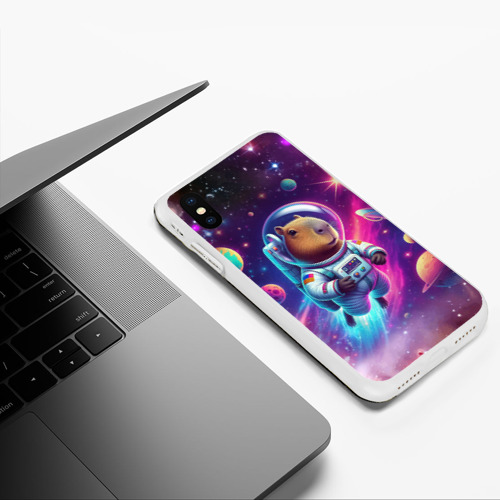 Чехол для iPhone XS Max матовый Космонавт капибара в неоновом космосе, цвет белый - фото 5