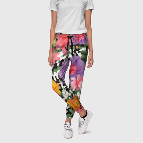 Женские брюки 3D Камуфляж с желтыми и красными цветами, цвет 3D печать - фото 3