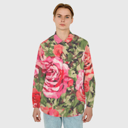 Мужская рубашка oversize 3D Камуфляж красные розы и зеленые листья - фото 2