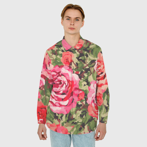 Мужская рубашка oversize 3D Камуфляж красные розы и зеленые листья, цвет белый - фото 3