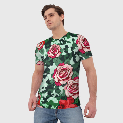 Мужская футболка 3D Красные розы на зеленом камуфляже, цвет 3D печать - фото 3