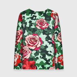 Лонгслив с принтом Красные розы на зеленом камуфляже для женщины, вид сзади №1. Цвет основы: белый