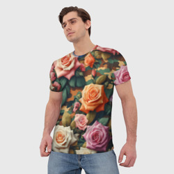 Мужская футболка 3D Разноцветные розы на камуфляже - фото 2