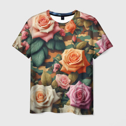Мужская футболка 3D Разноцветные розы на камуфляже
