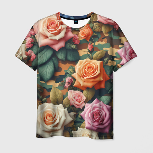 Мужская футболка 3D Разноцветные розы на камуфляже, цвет 3D печать