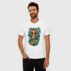 Мужская футболка хлопок Slim Жираф в очках в тропических листьях - фото 2