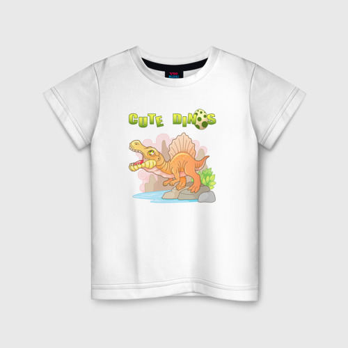 Детская футболка из хлопка с принтом Забавный динозавр спинозавр, вид спереди №1