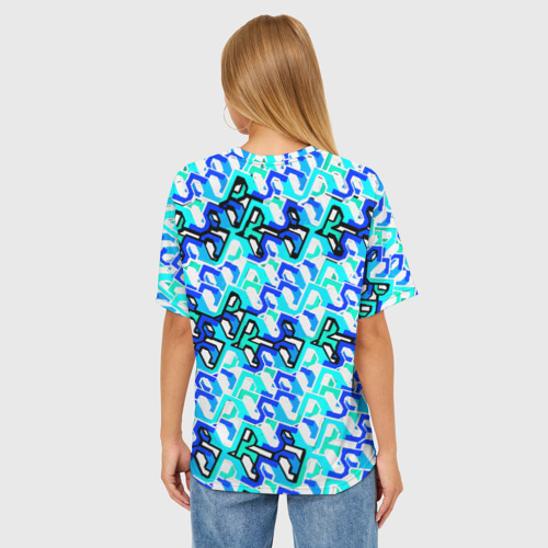 Женская футболка oversize 3D Синий узор и бело-чёрная обводка, цвет 3D печать - фото 4