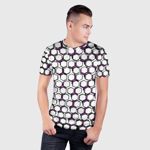Мужская футболка 3D Slim с принтом Киберпанк узор из шестиугольников розовый, фото на моделе #1