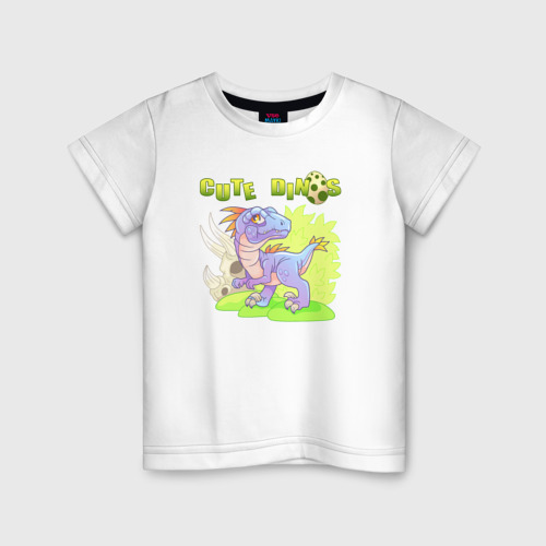 Детская футболка из хлопка с принтом Забавный динозавр велоцираптор, вид спереди №1