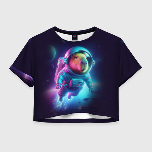Женская футболка Crop-top 3D Полёт капибары в космосе - неон, цвет 3D печать