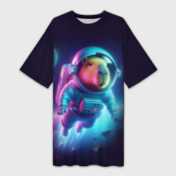 Платье-футболка 3D Полёт капибары в космосе - неон