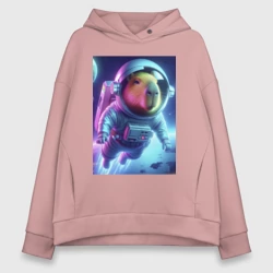 Женское худи Oversize хлопок Полёт капибары в космосе - неон