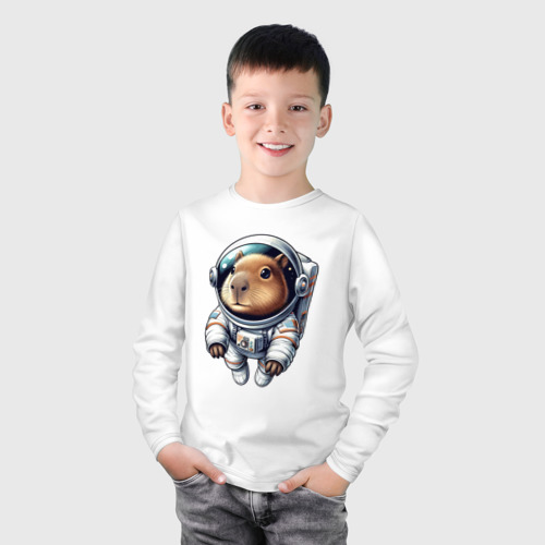 Детский лонгслив хлопок Прикольный капибарыш космонавт - нейросеть, цвет белый - фото 3