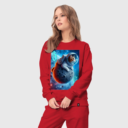 Женский костюм хлопок Space cat - ai art, цвет красный - фото 5