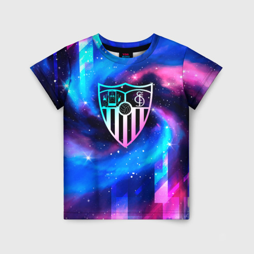 Детская футболка с принтом Sevilla неоновый космос, вид спереди №1