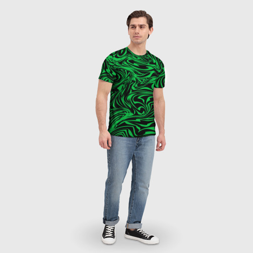 Мужская футболка 3D Узор на черном фоне с ярким зеленым абстрактным дизайном, цвет 3D печать - фото 5