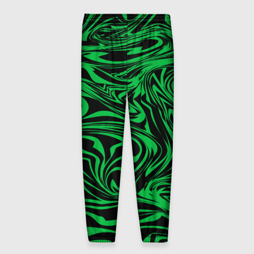Мужские брюки 3D с принтом Узор на черном фоне с ярким зеленым абстрактным дизайном, вид сзади #1