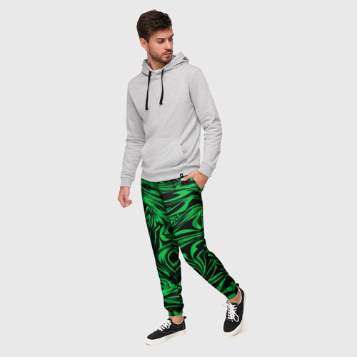 Мужские брюки 3D с принтом Узор на черном фоне с ярким зеленым абстрактным дизайном, фото на моделе #1