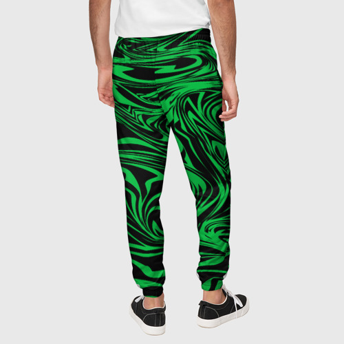Мужские брюки 3D с принтом Узор на черном фоне с ярким зеленым абстрактным дизайном, вид сзади #2