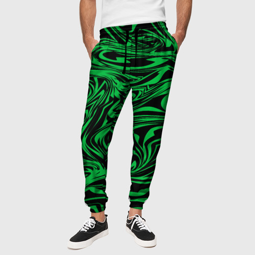 Мужские брюки 3D с принтом Узор на черном фоне с ярким зеленым абстрактным дизайном, вид сбоку #3