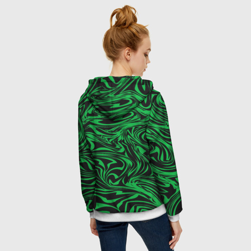 Женская толстовка 3D на молнии Узор на черном фоне с ярким зеленым абстрактным дизайном, цвет белый - фото 4