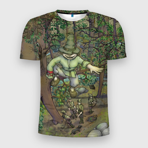 Мужская футболка 3D Slim с принтом Леший-озорник в лесу, вид спереди #2