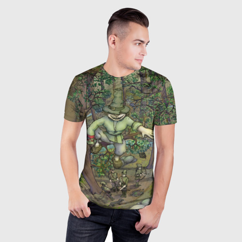 Мужская футболка 3D Slim с принтом Леший-озорник в лесу, фото на моделе #1