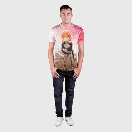 Мужская футболка 3D Slim с принтом Вайолет Эвергарден на фоне лепестков, вид сбоку #3