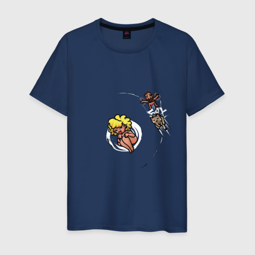 Мужская футболка из хлопка с принтом Кот ион выбивает мужика с орбиты женщины, вид спереди №1