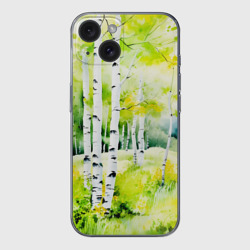 Чехол для iPhone 15 силиконовый с защитой камеры Акварельные берёзки