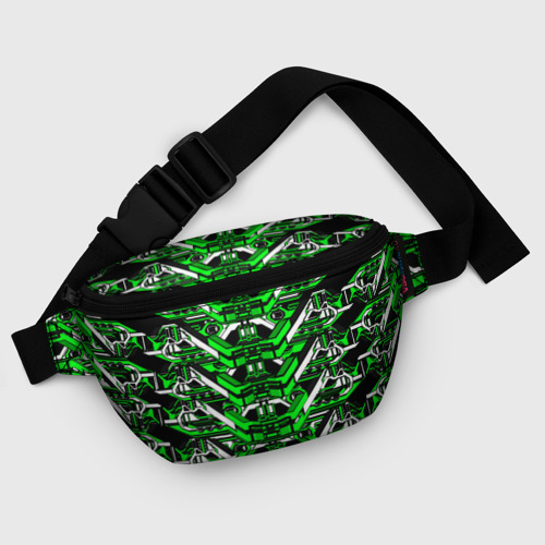 Поясная сумка 3D с принтом Зелёно-белая техно броня, фото #5