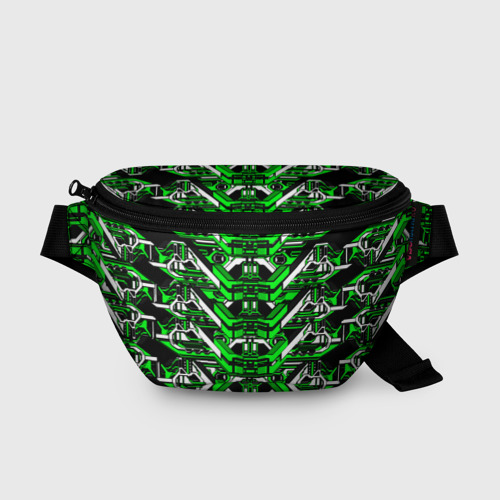 Поясная сумка 3D с принтом Зелёно-белая техно броня, вид спереди #2