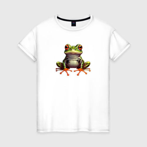 Женская футболка из хлопка с принтом Милая зеленая лягушка, вид спереди №1