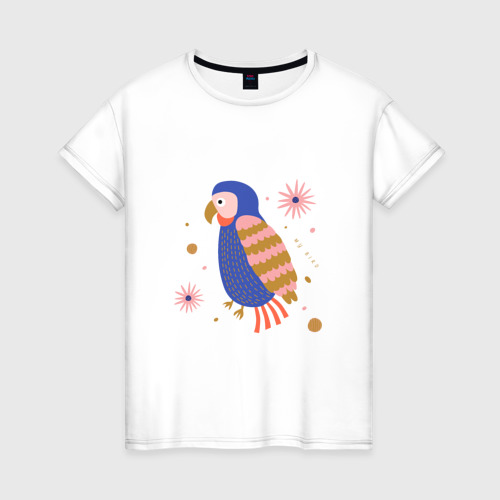 Женская футболка из хлопка с принтом Синий попугай, вид спереди №1
