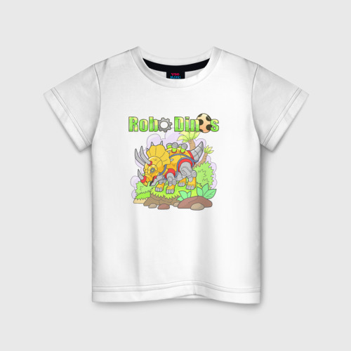 Детская футболка из хлопка с принтом Робот динозавр трицератопс, вид спереди №1