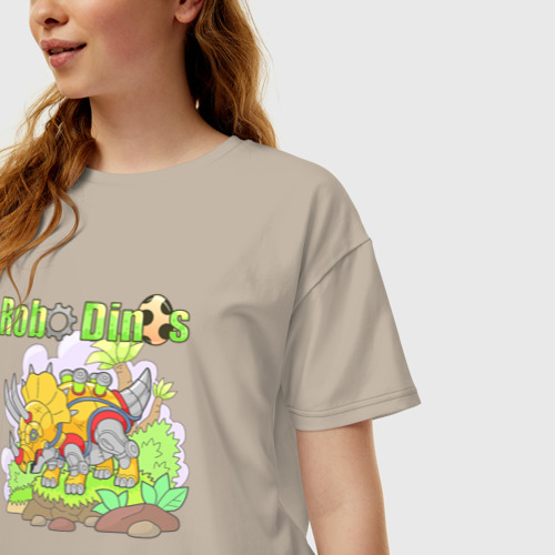 Женская футболка хлопок Oversize Робот динозавр трицератопс, цвет миндальный - фото 3