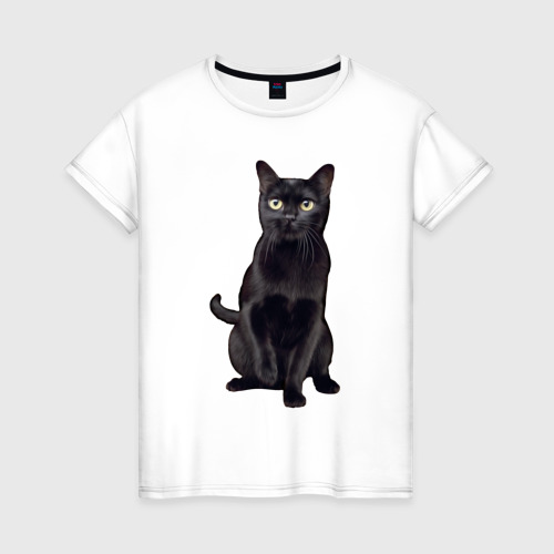 Женская футболка из хлопка с принтом Черная кошка бомбейская, вид спереди №1